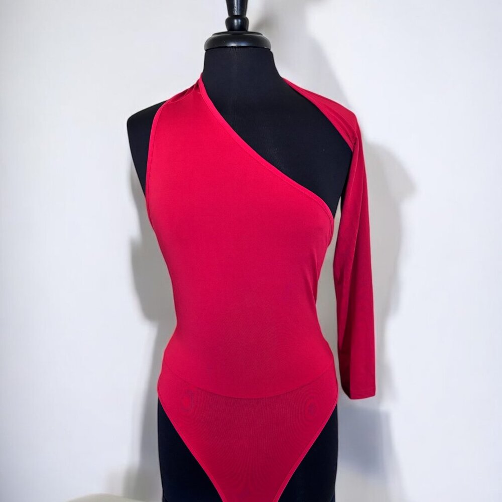 One-Shoulder Long-Sleeve Red Bodysuit